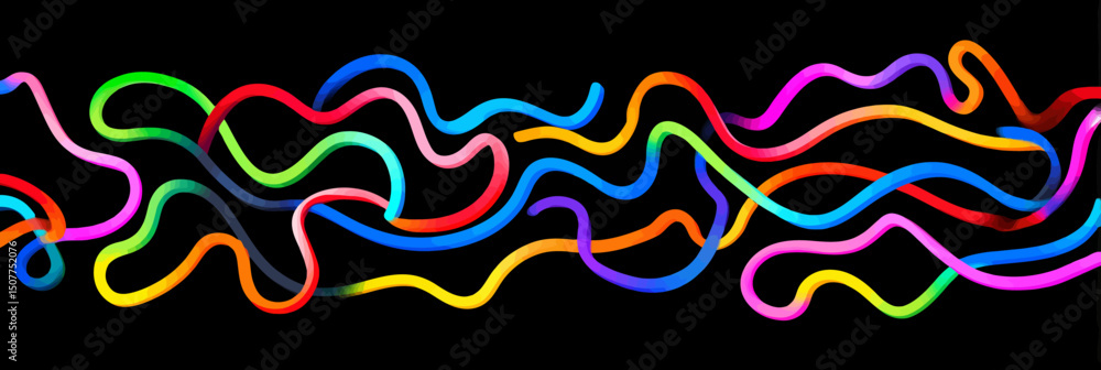 Poster abstract gradient 3d waves: rainbow ribbon lines & wavy pattern on black background � vector design