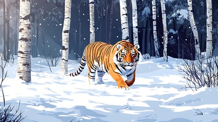 A tiger strolls through a snowy birch forest.