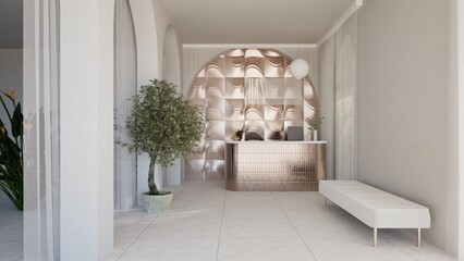 3D render of a modern reception area with a metallic front desk, abstract textured wall, potted tree, and minimalist bench. Elegant interior design with soft light and neutral tones.
