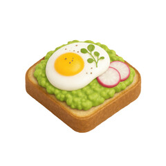 3D icon of minimalistic avocado toast with poached egg, microgreens, and radish slices. Slightly isometric view isolated on transparent, no shadows. Healthy eating and high protein breakfast concept.