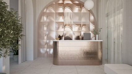 3D render of a modern reception area with a metallic front desk, abstract textured wall, potted tree, and minimalist bench. Elegant interior design with soft light and neutral tones.