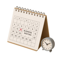 3D icon of minimalistic business calendar with marked meeting and clock. Slightly isometric view isolated on transparent, no shadows.