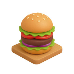 3D icon of minimalistic burger with vegetables and patty. Slightly isometric view isolated on transparent, no shadows.