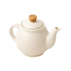 3D icon of minimalistic ceramic teapot with wood knob lid and curved spout. Slightly isometric view isolated on transparent, no shadows. Classic kitchen accessory, modern tea service style.