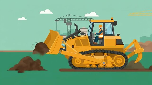 Operating Bulldozer on Construction Site with Excavators and Cranes Animated