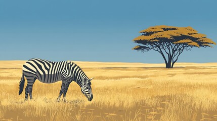 Zebra grazing in a golden savanna landscape with a single acacia tree.