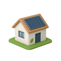 3D icon of minimalistic eco house with solar panel roof. Slightly isometric view isolated on transparent, no shadows.
