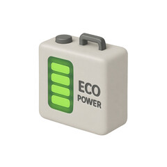 3D icon of minimalistic eco power battery pack with green charge indicator and carry handle. Slightly isometric view isolated on transparent, no shadows. Sustainability and portable energy concept.