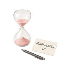 3D icon of minimalistic hourglass with pink sand, pen, and card labeled mindfulness. Slightly isometric view isolated on transparent, no shadows. Wellness, self care, and mental clarity concept.