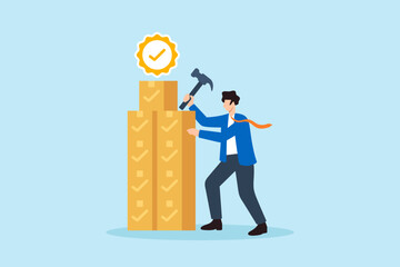 Flat illustration of quality control manager building tower of product boxes with checkmark and compliance badge on top