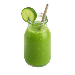 3D icon of minimalistic green juice smoothie in glass bottle with paper straw and cucumber slice. Slightly isometric view isolated on transparent, no shadows. Health drink and detox concept.
