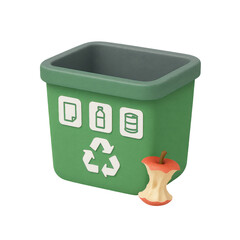 3D icon of minimalistic green recycling bin with waste icons and apple core. Slightly isometric view isolated on transparent, no shadows. Sustainable waste management and healthy lifestyle concept.