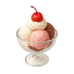 3D icon of minimalistic ice cream sundae with vanilla, strawberry, chocolate scoops, whipped cream, and cherry. Slightly isometric view isolated on transparent, no shadows. Dessert and treat concept.