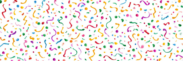Birthday confetti seamless pattern vector with ribbons and colorful playful decoration elements for kids celebration background
