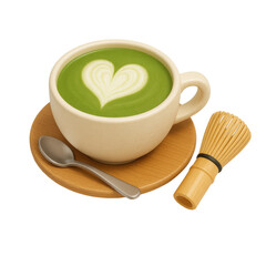 3D icon of minimalistic matcha latte in cup with whisk. Slightly isometric view isolated on transparent, no shadows.