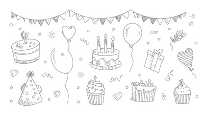 Hand Drawn Birthday Doodle Icon Set � Sketch Style Cake, Balloon, and Celebration Elements Vector Illustration
