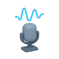 3D icon of minimalistic microphone in gray with stylized blue soundwave above. Slightly isometric view isolated on transparent, no shadows. Audio recording and voice broadcast concept.