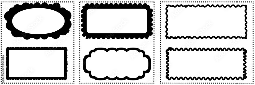Poster retro scallop edge border frame set: wavy squiggly lines for rectangle, oval, and round shapes � vec