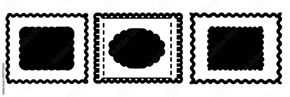 Poster retro scallop edge border frame set: wavy squiggly lines for rectangle, oval, and round shapes � vec