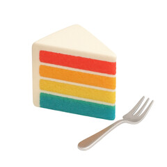 3D icon of minimalistic rainbow layer cake slice with fork. Slightly isometric view isolated on transparent, no shadows.