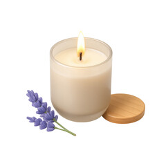 3D icon of minimalistic scented candle in frosted jar with lavender flower and wood lid. Slightly isometric view isolated on transparent, no shadows. Aromatherapy and relaxation concept.