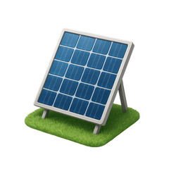 3D icon of minimalistic solar panel on grass patch. Slightly isometric view isolated on transparent, no shadows.