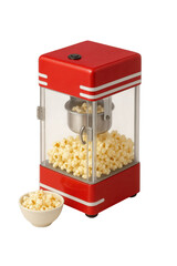 3D icon of minimalistic red popcorn machine with transparent sides and full bowl. Slightly isometric view isolated on transparent, no shadows. Home movie snack and retro appliance concept.