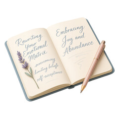 3D icon of open self-help journal with inspirational text. Slightly isometric view isolated on transparent, no shadows.