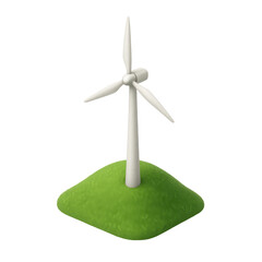 3D icon of white wind turbine on green hill for clean energy