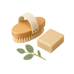 3D icon of wooden dry brush, soap bar, and green leaves