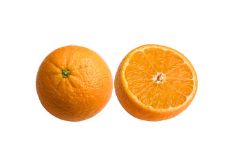 Fresh orange fruit, whole and cut in half, isolated on transparent background
