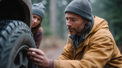Fototapeta premium Emergency tire change in remote forest - single person vehicle repair in wilderness