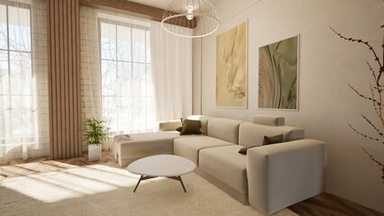 3D render of a cozy living room with a modern beige sectional sofa, round coffee table, and abstract wall art. Large windows, sheer curtains, natural light, enhancing the warm and elegant interior