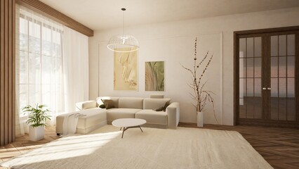 3D render of a cozy living room with a modern beige sectional sofa, round coffee table, and abstract wall art. Large windows, sheer curtains, natural light, enhancing the warm and elegant interior