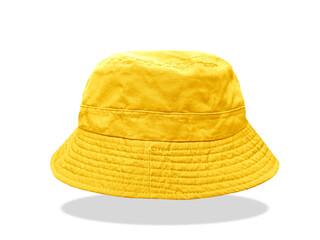 Yellow bucket hat floating on white background.