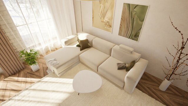 3D render of a cozy living room with a modern beige sectional sofa, round coffee table, and abstract wall art. Large windows, sheer curtains, natural light, enhancing the warm and elegant interior