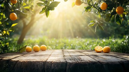 Fresh oranges on a rustic wooden table, surrounded by a vibrant garden.