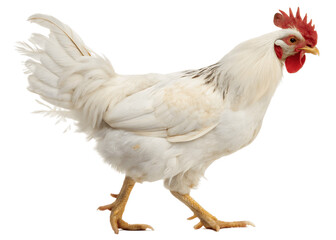 Fototapeta premium White chicken walking isolated on transparent background, farm animal poultry