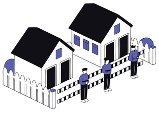 Isometric Houses Fence Men Graphic Design