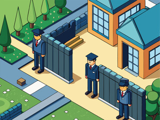 Security Guards Suburban Home Isometric