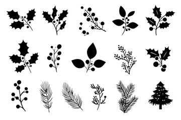 Minimalist Christmas Silhouettes � Hand-Drawn Holly, Pine, and Mistletoe Branches for Holiday Decor