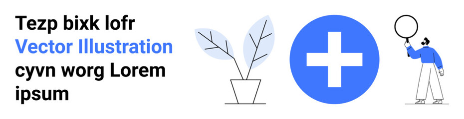 Potted plants, bold blue plus sign, and person holding a balloon balancing simplicity and creativity. Ideal for health, wellness, growth, positivity, teamwork, branding simple landing page