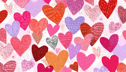 Colorful Hearts Seamless Pattern Vector with Hand-Drawn Textures, Doodles, and Bright Grunge for Valentine�s Day Background