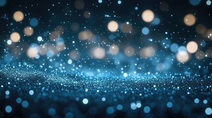 Sparkling blue glitter background with bokeh lights.