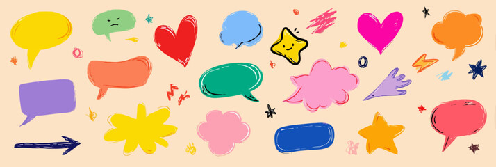 Cute Comic Speech Bubble and Cartoon Effect Icon Set with Emoji, Star Spark, Heart, Arrow, and Line Movement Vector Illustration