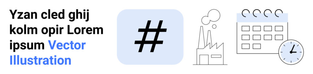 metadata tag symbol, factory outline, calendar, and clock elements representing production, scheduling, efficiency, and teamwork. Ideal for business, industry workflow deadlines planning