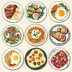 Various dishes on plates, displayed from above.