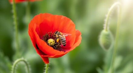 Fototapeta premium Honeybee Foraging on Scarlet Poppy: Macro Shot of Pollination in Summer Garden with Lush Greenery and Soft Sunlight, Nectar Collection