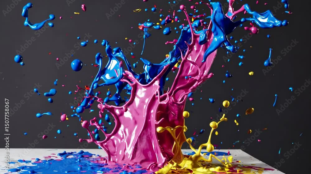 Poster vibrant paint splashes in dynamic motion against dark backdrop abstract art expression