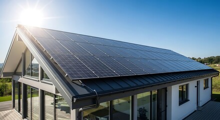 Fototapeta premium Solar Panels Gleaming Atop Modern Home on a Bright Sunny Day, Symbolizing Clean Energy and Sustainable Living with Efficient Photovoltaic Technology in Residential Setting